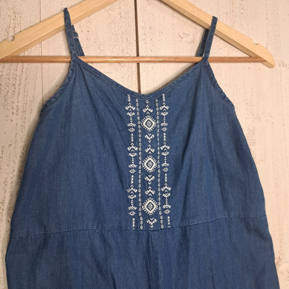 Kidcore Boho Chic Girls L Chambray Jean Cami Jumpsuit Smocked Wide Leg NWT